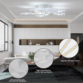 Modern living room with a ceiling light fixture and close-up details of LED lights.